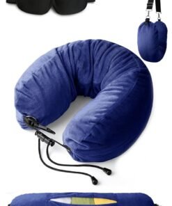 Stuffable Neck Pillow for Travel, Adjustable U-shapes, Extra Luggage Storage Ideal 1-3 Days Travel Essentials, 3D Eye Mask Included, Blue
