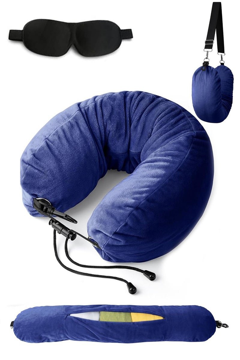Stuffable Neck Pillow for Travel, Adjustable U-shapes, Extra Luggage Storage Ideal 1-3 Days Travel Essentials, 3D Eye Mask Included, Blue