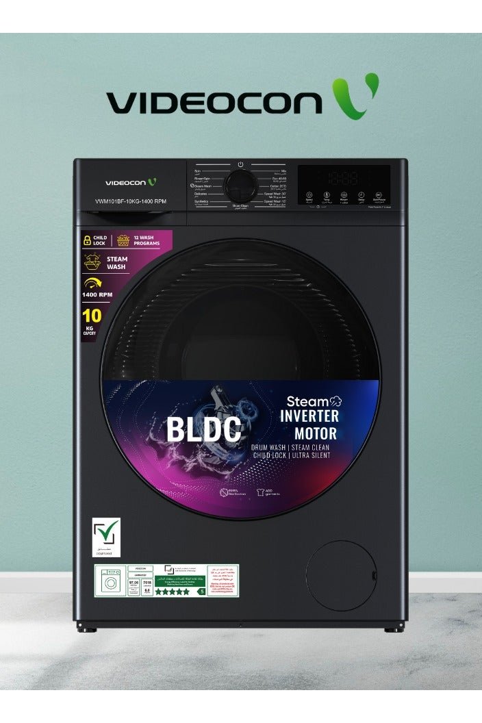 Videocon 10Kg Front Load Washing Machine, BLDC Inverter Motor, 1400 RPM, 12 Wash Programs, Steam & Express Wash, Delay Timer, Child Lock, Energy Efficient & Ultra Quiet- VWM101BF