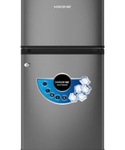Krome Double Door Refrigerator, 138L Gross / 90L Net Capacity, Direct Cool, Top Mount Freezer, Glass Shelves, Lock And Key, Dark Silver Finish, R600a Refrigerant KR-RF138DDSG Grey