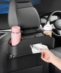 Wollar Car Seat Back Organizer with Tissue Box, Dual Cup Holders & Hooks - Multi-Functional Car Organizer Storage Box – Automobile Accessories Gadgets for Families, and Kids Travel (Black)