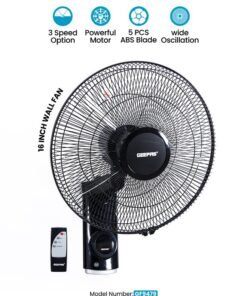 GEEPAS 16 Inch Wall Fan With Remote Control 1250 RPM | 60 W 3 Speed Options, 5 Pcs AS Blade| 12 Hours Timer, Wide Oscillation and Oveheat Protection, Durable Metal Grill 60 W GF9479N Black