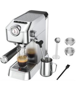 Espresso Machine, 20 Bar Stainless Steel Silver Coffee Maker for Home or Office with Removable Water Tank, Measuring Spoon, Brewing Filter, Milk Cup.