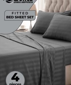 Eworld 4-Piece Luxury King Size Dark Grey Striped Bedding Set Includes 1 Duvet Cover (220x240cm), 1 Fitted Bed Sheet (200x200+30cm), and 2 Pillow Cases (48x74+5cm) for Ultimate Hotel-Inspired Sophistication