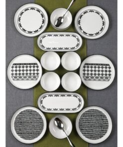Noon East 14 Piece Porcelain Breakfast Set | Serves 6 | 6 Salad Plates, 2 Oval Plates, 4 Small Bowls, 2 Big Bowls | Dishwasher and Microwave Safe | Black Pattern Design