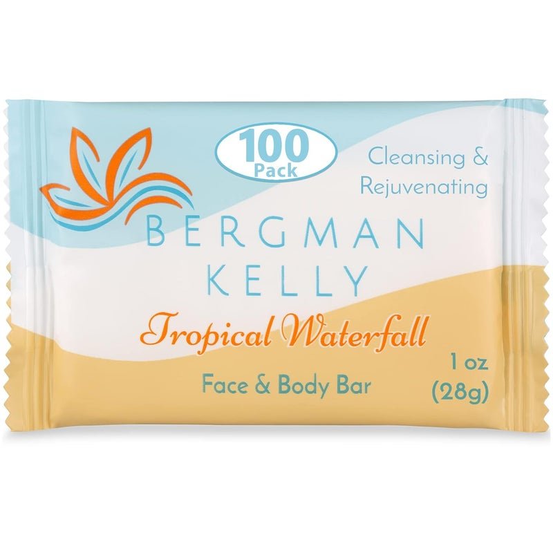 BERGMAN KELLY Hotel Soap Bars Tropical Waterfall 1 oz 100 PK Travel Size Luxury Bulk Amenities Bar Soap Mini Individually Wrapped Rectangular Soap Small Toiletries for Airbnb Motel