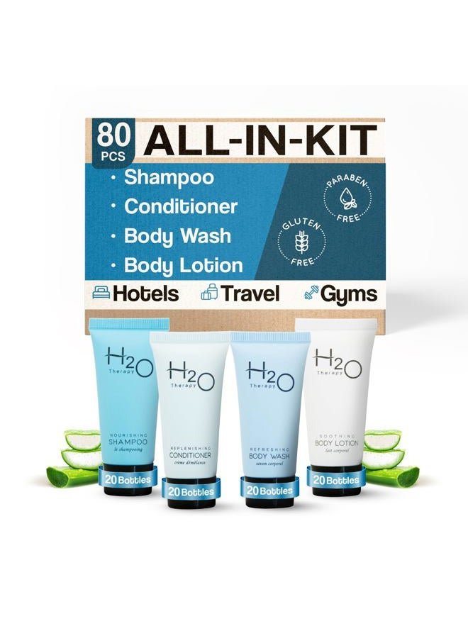 Terra Pure H2O Therapy Hotel Soaps & Toiletries Bulk Set | 1-Shoppe Amenities Kit | 0.85oz Shampoo & Conditioner, Body Wash, Lotion | Travel Size | 80 Pieces