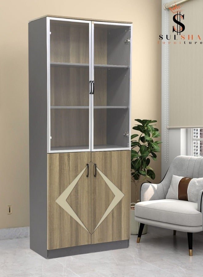 SULSHA Modern 4 Door Wooden File CABINET & Book Shelf Glass Door