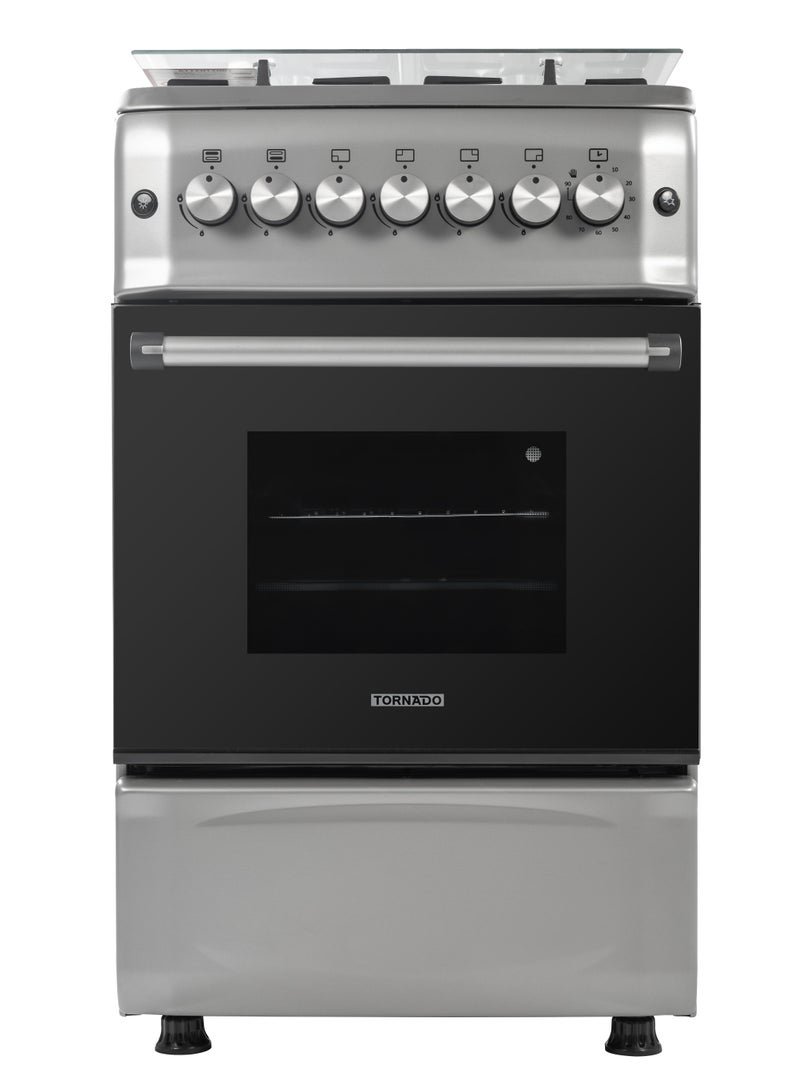 Tornado 50x55cm Freestanding Cooker, Full Gas Cooking Range with 4 Burners, Automatic Ignition & full Safety, Cast Iron Pan Support, Stainless Steel Finish, Separate Knob, Turkey, 5T40BBS2W01AE 5T40BBS2W01AE Stainless steel