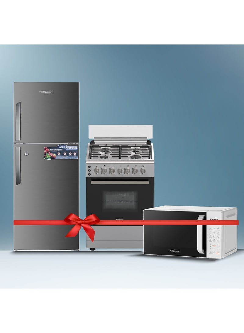 SUPER GENERAL 260 liters Gross Double Door Refrigerator SGR260NE + 60 x 60 free standing Gas cooker SGC6170MSFS + 20 liters Digital Microwave SGMM922DW SGR260NE + SGC6170MSFS + SMM922DW INOX