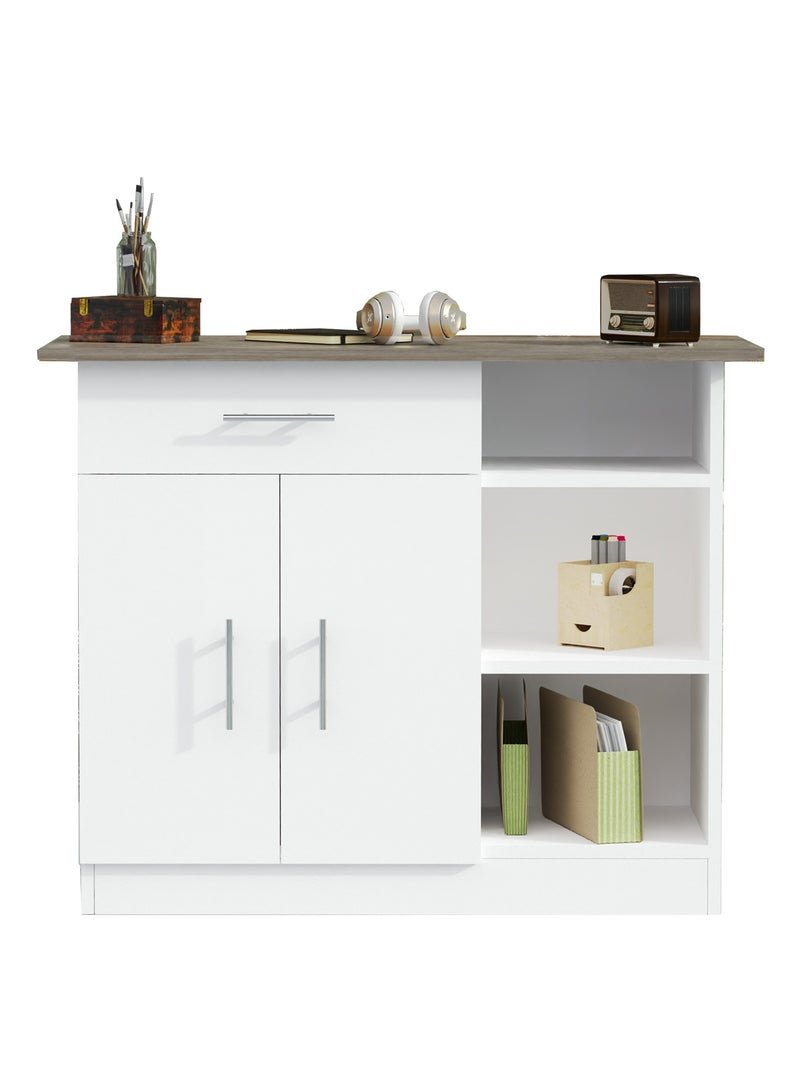 Mahmayi Stylish Medium Height Cabinet with Single Drawer, 3 Open Shelf Rack and 2 Door Storage Ideal for Hallway, Living Room, Kitchen, Bedroom - Dark Grey Chicago Concrete and Premium White