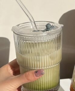 DAMCONME 1Pack Coffee Cups Simple Vertical Stripes Water Glasses with Lids and Straws