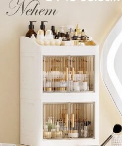nehem Foldable Makeup Organizer and Skincare Organizer: Large Capacity Desktop Storage Box with Dustproof Design for Lipstick, Masks | Space-Saving Makeup & Accessories Holder