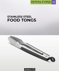 Royalford Stainless Steel Food Tongs – Ergonomic Design, Gripped handle, Heat-Resistant, Durable Grill & Serving Tongs for Cooking, BBQ, Salad & Buffet Use – Non-Slip Handle Kitchen Utensil, Dishwasher Safe Silver/Black 25.5x3.6cm