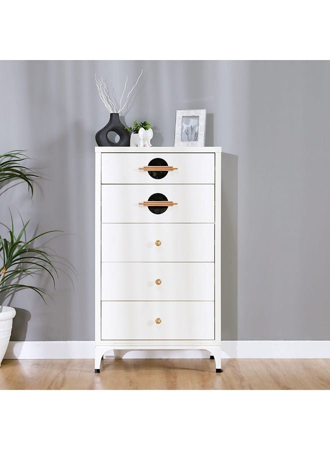 DANUBE HOME New Aloha Chest of 5 Drawers Multi Functional Cabinet Storage Organiser Space Saving Drawer Chest Furnitures For Bedroom Living Room L65xW40xH116 cm White / Golden