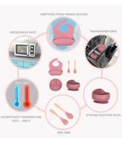 Super ZYouth 5-Pieces Silicone Baby Feeding Set, Baby Led Weaning Supplies with Suction Bowl and Divided Plate, Wooden Spoon and Fork, Toddler Tableware Set with Adjustable Soft Silicone Bib - Image 3