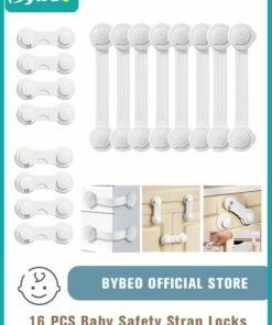 Bybeo 16-Piece Baby Safety Strap Locks Child Lock for Cabinets and Drawers, Toilet, Fridge & More. 3M Adhesive Pads. Easy Installation, No Drilling Required, White