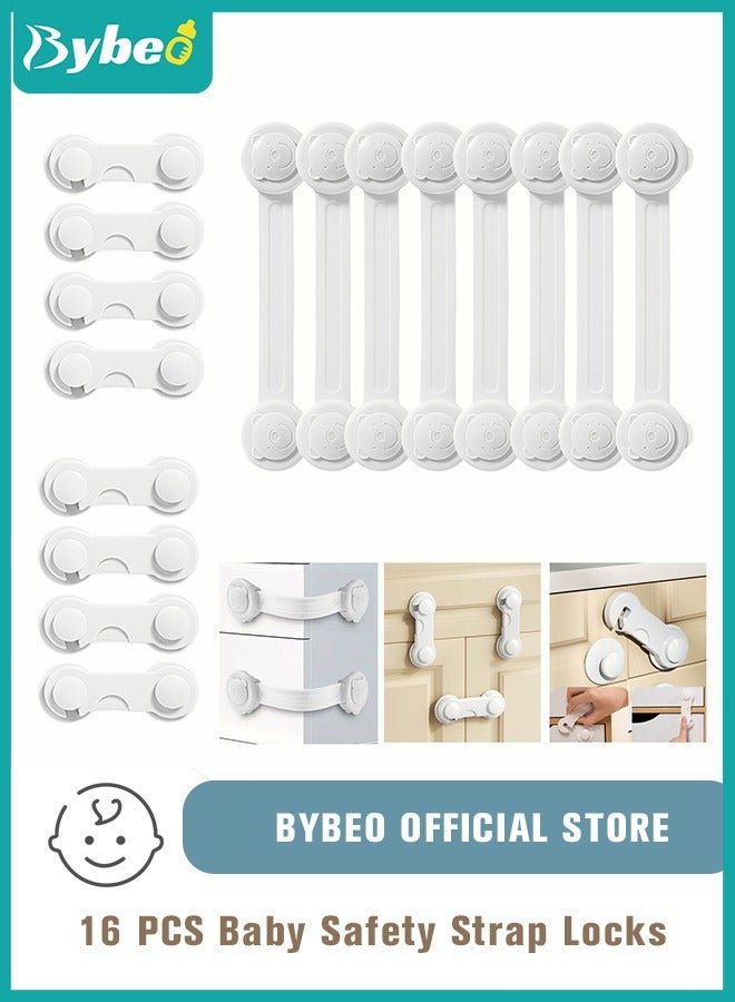 Bybeo 16-Piece Baby Safety Strap Locks Child Lock for Cabinets and Drawers, Toilet, Fridge & More. 3M Adhesive Pads. Easy Installation, No Drilling Required, White