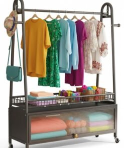 AIWANTO 3-Tier Clothes Rack with Dustproof Storage Cabinet – Sleek Movable Wardrobe Organizer with Lockable Wheels