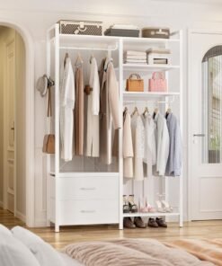 ROYAL POLAR Open Wardrobe Organizer, White Freestanding Clothes Rack with 2 Drawers, 6-Tier Shelves, Heavy Duty Garment Storage System for Bedroom