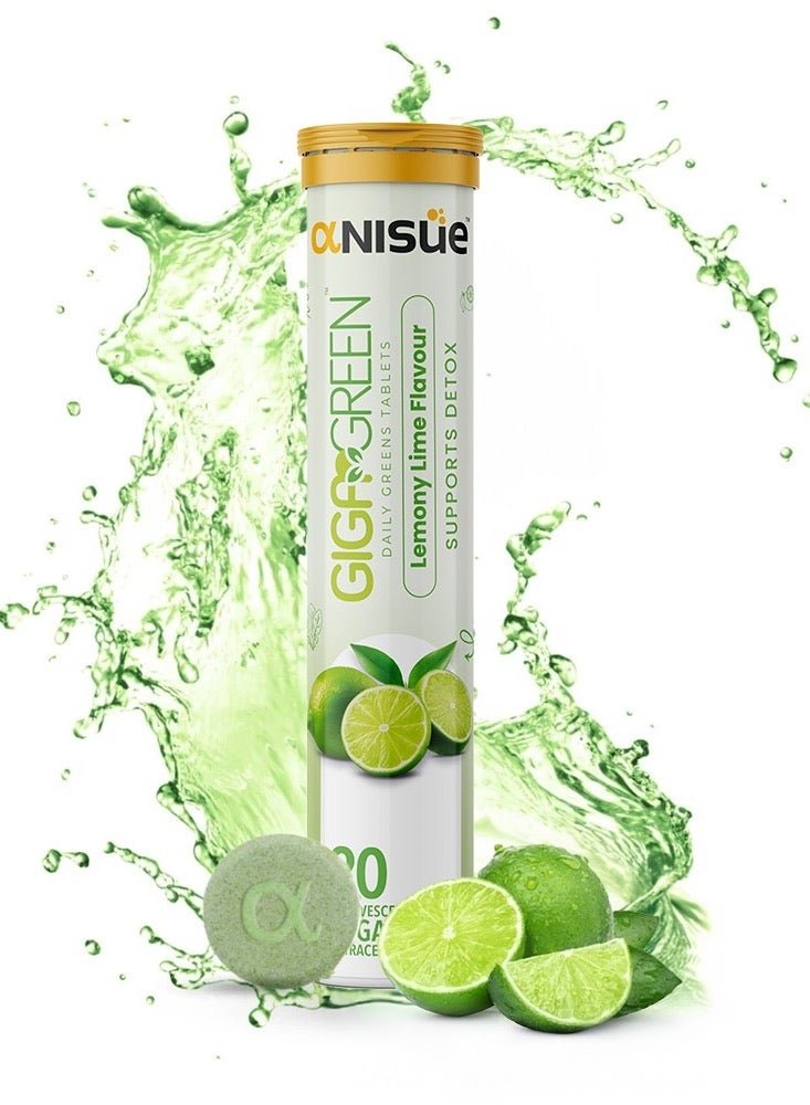 Anisue Gigagreen Daily Greens Effervescent Tablets for Detox | Lemony Lime | 100% Vegan | Green Juice | Plant based with Vitamins C, B6 & B12 | Pack of 1 - 20 Tablets