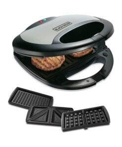 BLACK+DECKER Sandwich Maker, 2-Slot Non-Stick, 3in1 Versatile Interchangeable Grill and Waffle Plates, Indicator Lights, Quick and Easy Meals, Compact Design, 750 W TS2090-B5 Black
