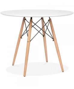 AL WADI FURNITURE AWF AL WADI FURNITURE Mid Century Modern Round Eames Table Metal Under Table Base Upholstered Table with Beige Wood Legs for Dining Room Living Room Bedroom Kitchen - White and Beige