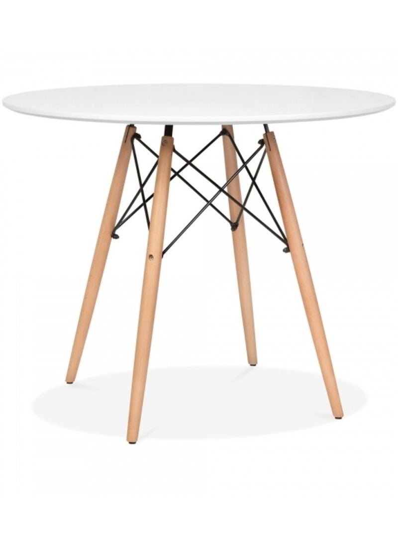 AL WADI FURNITURE AWF AL WADI FURNITURE Mid Century Modern Round Eames Table Metal Under Table Base Upholstered Table with Beige Wood Legs for Dining Room Living Room Bedroom Kitchen - White and Beige