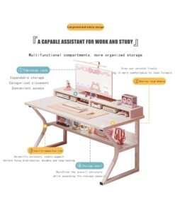 OHAHO Gaming Desk with Shelf, 140CM Computer Desk, C-Shaped Gaming Table, PC Gaming Workstation Home Office Desks, Space-saving, Easy to Assemble (White, 140x60x75CM) - Image 3