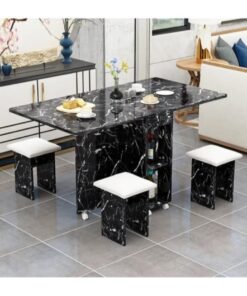 Extendable Folding Dining Table Set , Multifunctional Mobile Kitchen Table, Folding Kitchen Table with 2-Layer Shelf, 6 Wheels, With Four Benches