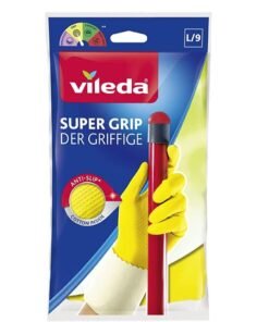 Vileda Super Grip Reusable Gloves L, Flexible, Waterproof Rubber Latex, Tear-Proof, Excellent Grip, L Size, Yellow (1 Pair Per Pack)
