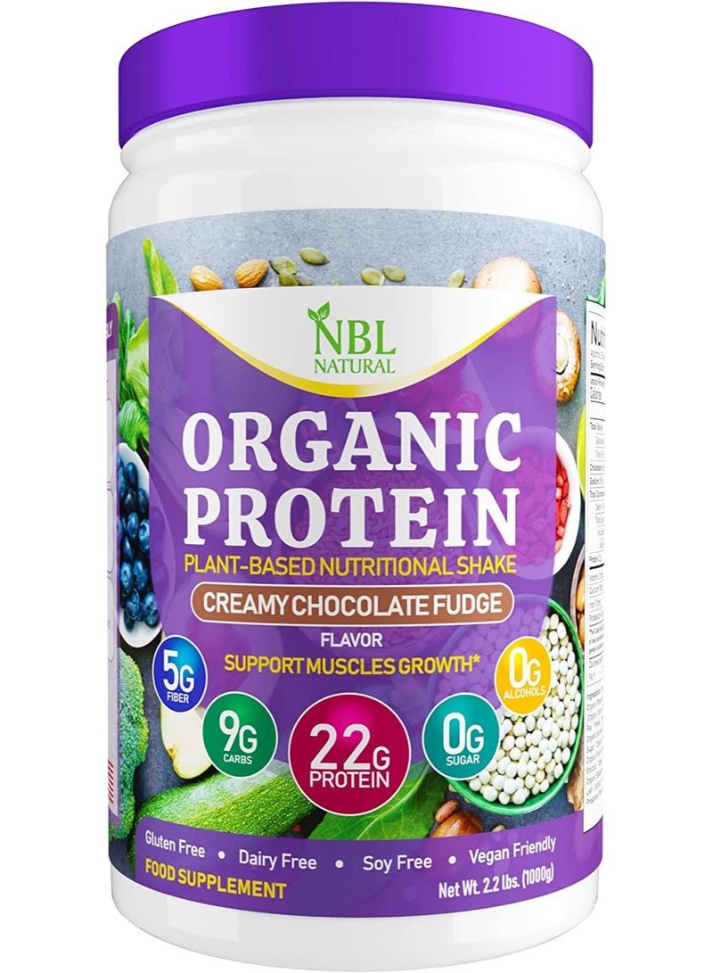 NBL Natural Plant Based Organic Protein Powder, Vegan, Non-Dairy, Gluten Free, Lactose Free, No Sugar Added, Creamy Chocolate Fudge, 2.2 lb, 25 Servings