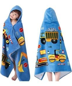 LENND Kids Hooded Beach Bath Towel,Baby Surf Poncho Toddlers Soft Real Cotton Wrap Changing Robe for Boy Girl Shower/Beach/Pool Child Cover ups 127x76 CM Large Towel Wrap,Engineering Vehicle Pattern