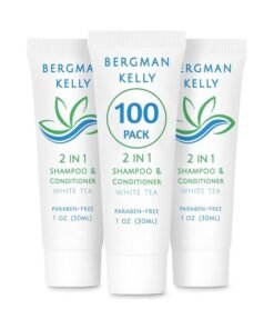 BERGMAN KELLY Travel Size Shampoo & Conditioner 2 in 1 (1 Fl Oz, 100 PK, White Tea), Delight Your Guests with Revitalizing and Refreshing Shampoo Amenities, Quality Small Size Hotel Toiletries in Bulk
