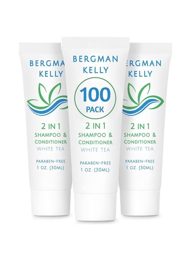 BERGMAN KELLY Travel Size Shampoo & Conditioner 2 in 1 (1 Fl Oz, 100 PK, White Tea), Delight Your Guests with Revitalizing and Refreshing Shampoo Amenities, Quality Small Size Hotel Toiletries in Bulk