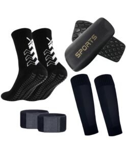 Sports Four Piece Set Skidproof Soccer Socks Nylon Pocket Shin Guard Sleeves Calf Compression Socks For Soccer Football  Adjustable Shin Guard Straps(Black)