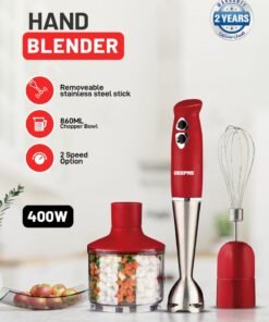 GEEPAS Hand Blender - Stainless Steel Blades with 2 Speed for Baby Food, Soup, Juice | 860ml Chopper Bowl & Electric Egg Whisk - 2 Years Warranty GHB6136 Red/Silver/Clear