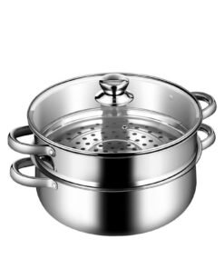 BELLSBERRY 2-Tier Stainless Steel Steamer Pot – 7.1-Inch Multi-Layer Food Steamer with Glass Lid & Handles for Vegetables, Seafood and More