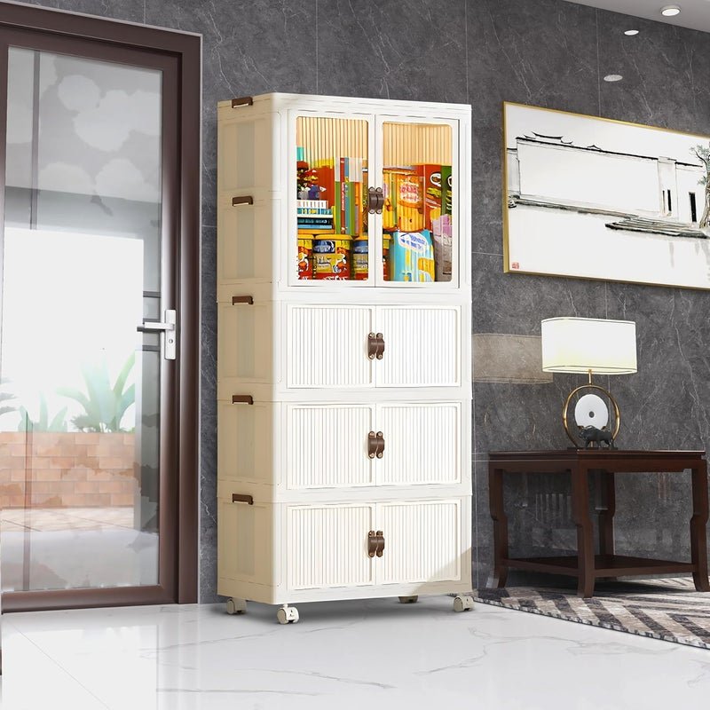 KIMANA Movable Foldable Plastic Cupboard for Storage | Plastic Wardrobe for Clothes | Drawer Storage Cabinet for Home Organizer with Transparent Doors and Wheels - Layer 5 Style 2