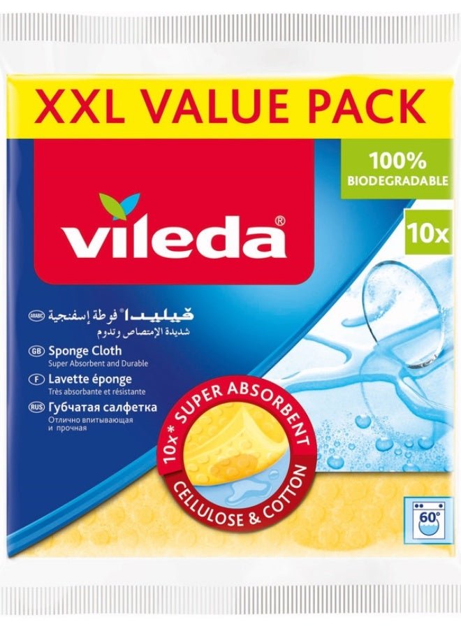 Vileda Sponge Cloth XXL Value Pack 10 Pcs 100% Natural Materials, Super Absorbent, Durable, 5 Pcs Assorted Color 18x20cm