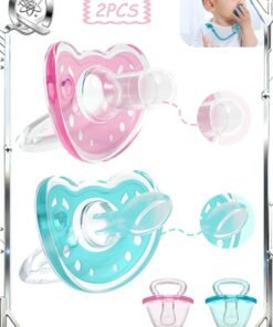 Quantum 2 PCS Baby Pacifier, Soft Durable Orthodontic Soothers with a dust cover and an anti-drop chain, Natural Nipple Shape Easy Clean