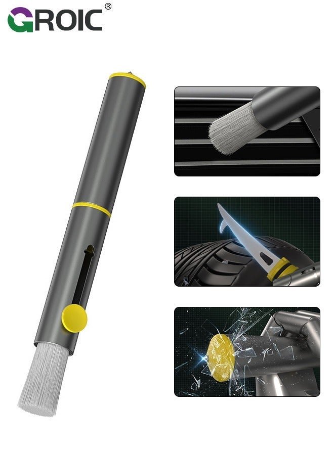 GROIC Sliver 3 in 1 Car Detailing Brush with Window Breaker and Tire Cleaning Hook, Auto Interior Brush, Aluminum Alloy Multifunctional Tool