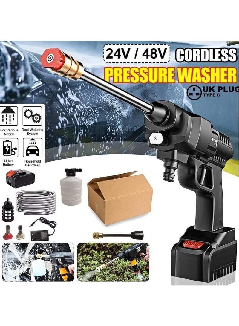 48V Cordless Portable Washer Electric High Pressure Cleaner Machine 200W 30Bar Lithium Handheld Car Cleaning Device With Foam Generator Nozzle Water Pump (Box Pack - UK Plug)