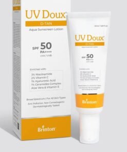 Brinton UV Doux D-Tan Aqua Sunscreen Lotion Enriched with Enriched with 3% Niacinamide, 2% Vitamin C, 1% Hyaluronic Acid, 1% Ceramide, Aloe Vera & Vitamin E | SPF 50 PA++++ Broad Spectrum | Reduces Tanning & Provides 8-Hour Hydration | Paraben & Sulphate Free | For All Skin Types