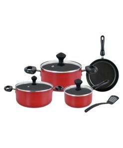 Prestige 8-Piece Non Stick Value Pack Cooking Set-Durable-stain proof Includes 1xSaucepan With Glass Lid 14cm, 1xCasserole With Glass Lid 18 Cm, 1xCasserole With Glass Lid 24cm, 1xFrypan 24cm, 1xTurner Red/Black Red/Black