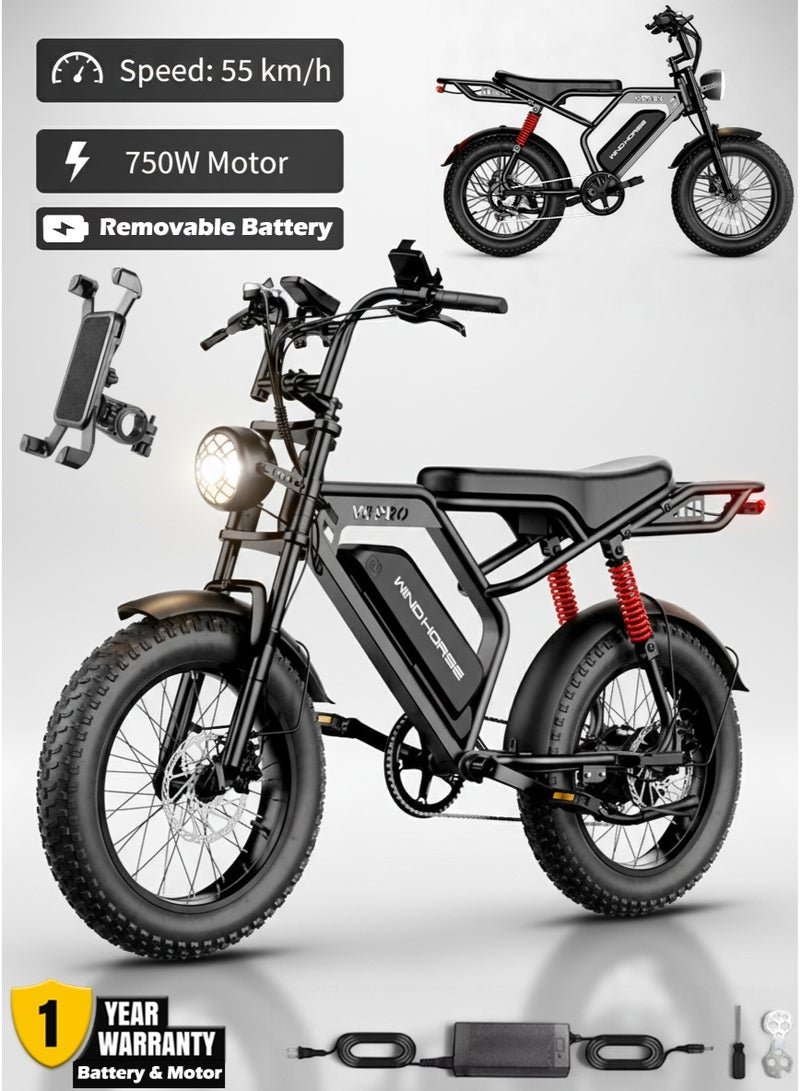 Wind Horse V8 PRO Electric Bike – 750W Gear Hub Motor, 48V 16.6AH Battery, 50KM/H Speed, 45KM Range, 20-Inch Fat Tires, Dual Suspension, Shimano 7-Speed, Carbon Alloy Frame, Dual Disc Brakes