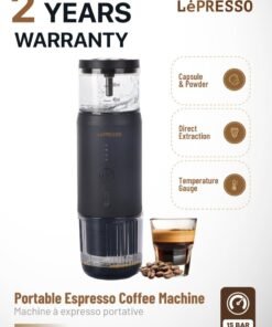 LePRESSO Portable Espresso Coffee Machine with 15 Bar Pressure / 80ml Water Tank / 135W Power / Temperature Gauge / Nespresso Capsule & Ground Coffee Powder Intake / Best Espresso Maker for Camping & Travel - Black