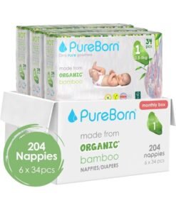 PureBorn Organic Bamboo Baby Diapers Size 1| Tape Style Diapers Hypoallergenic nappies |Upto 5 kgs| Pack of 6x34s Count 204 | Assorted Print