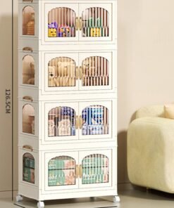 CityRiya-Long Kids Wardrobe Baby Closet Storage Organizer Portable Children Clothes Cabinet Storage Rack Toddler Dresser with Hanging Rod and Wheels for Boys Girls Clothing Nursery Armoire White