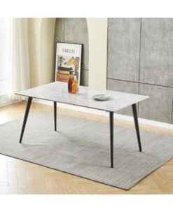 Wooden Twist Modern Rectangular Kitchen Dining Table: Sintered Stone Marble Effect Top With Sleek Tapered Metal Legs - Ideal Breakfast Table For Dining